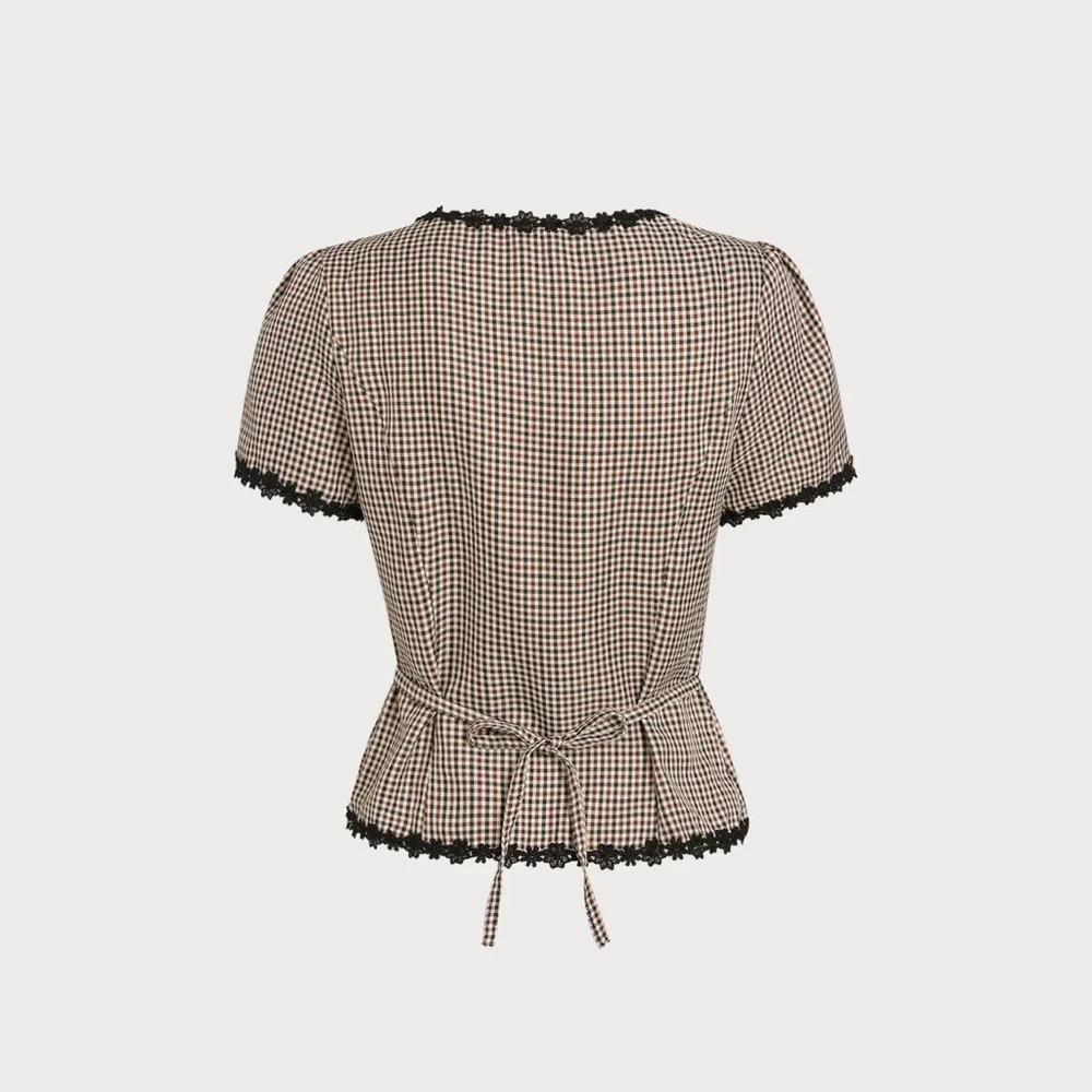 Coffee Square Neck Plaid Blouse - Picture 7 of 9